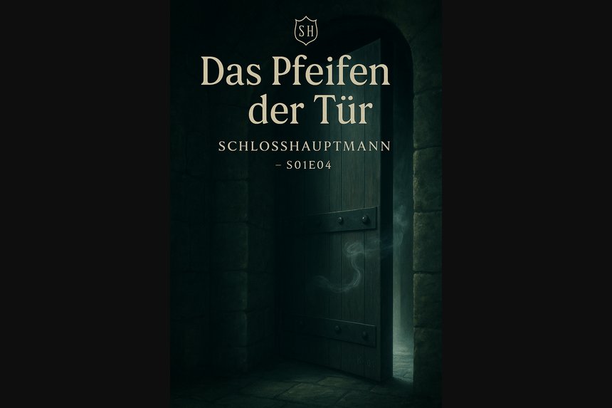 Cover Folge 4 „Das Pfeifen der Tür“ – schwere Holztür im Luftzug, kühler Gang, Datenlogger