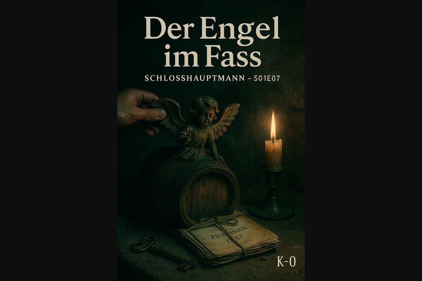 Cover Folge 7 „Der Engel im Fass“ – Holzengel am Fass, braunes Packpapier, alte Protokolle