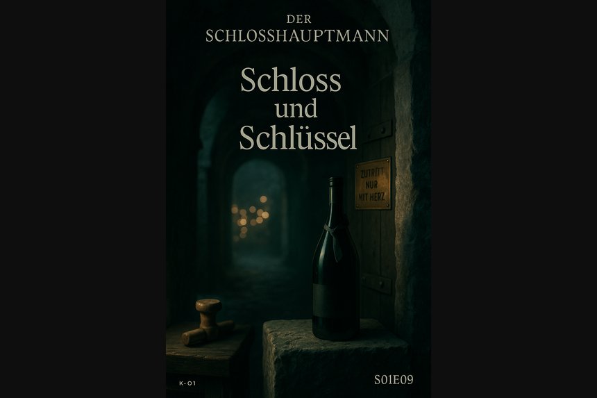 Cover Folge 9 „Schloss und Schlüssel“ – Magnum am Podest, Messingschild S.H., Hof im Abendlicht